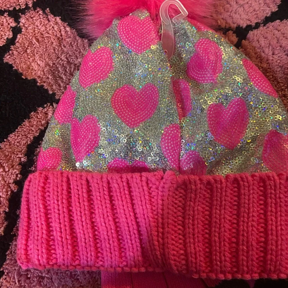 Justice Pink and Silver Heart Sequin Beanie and Glove Set - Picture 2 of 3